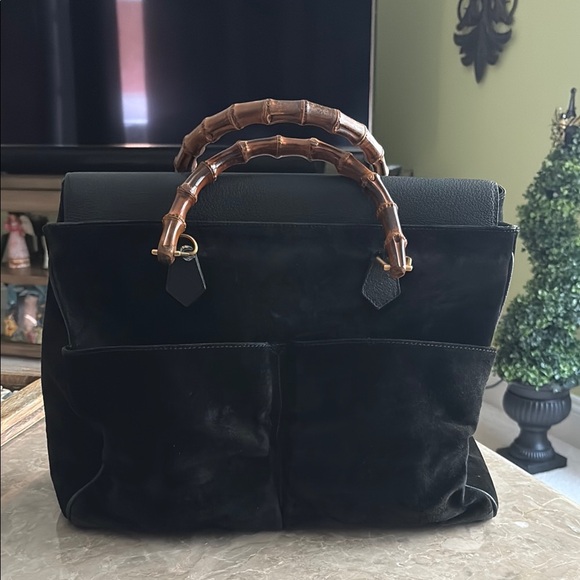 Black Suede Handbag with Bamboo Handles - Picture 1 of 16